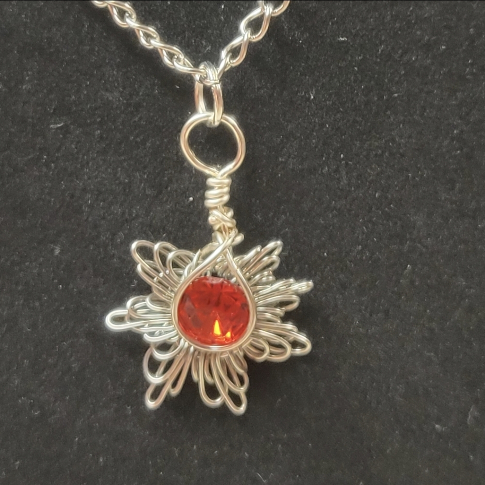 Silver Chain and Red Sunburst Stone Necklace